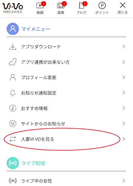 VI-VOの通常モードと人妻モードの切り替え画面